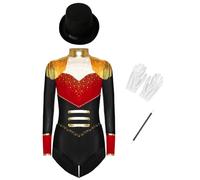 TTAO Costume da circo con cappello, a maniche lunghe, con brillantini, per cosplay, carnevale, colore nero, 122-128