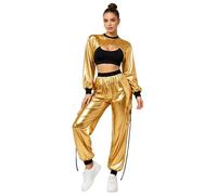 TTAO Donna Set Top Maniche Lunghe E Jogging Rave Abbigliamento Hip Hop Donne Completo Notte Outfit Cosplay Uniforme Abbigliamento Edm Donne Oro 3XL