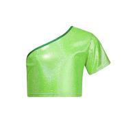 TTAO Maglietta da bambina metallizzata Crop Top One Shoulder lucida canotta Hip Hop Jazz Festival Performance Party abbigliamento da ballo top, Verde acceso., 110 cm-116 cm