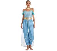 TTAO Vestito da donna per danza del ventre, stile orientale, indiano, velo per il viso, ballerina del ventre, Halloween, carnevale, feste, Blu, S