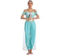 TTAO Vestito da donna per danza del ventre, stile orientale, indiano, velo per il viso, ballerina del ventre, Halloween, carnevale, feste, turchese, 3XL