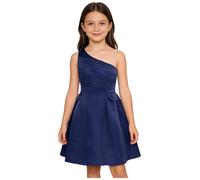 TTAO Vestito estivo da bambina con una spalla, per feste e feste, per damigella d'onore, blu navy, 110-116 cm