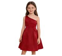 TTAO Vestito estivo da bambina con una spalla, per feste e feste, per damigella d'onore, bordeaux, 122-128 cm