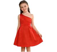 TTAO Vestito estivo da bambina con una spalla, per feste e feste, per damigella d'onore, Colore: rosso, 134-140 cm