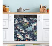 Ttgoth Copertura magnetica decorativa per lavastoviglie con squali carini e squali per la copertura della porta d'ingresso, adesivo per elettrodomestici da cucina, 58 x 66 cm