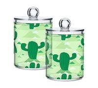 Ttgoth Dispenser Qtip a forma di cactus verdi, in acrilico, per bagno, 2 barattoli da farmacia, organizer per cosmetici, per dischetti di cotone, boccioli, tamponi, palline