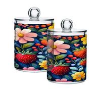 Ttgoth Dispenser Qtip a forma di fiori di fragola, in acrilico, per bagno, 2 barattoli da farmacia, organizer per cosmetici, per dischetti di cotone, boccioli, tamponi, palline