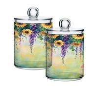 Ttgoth Dispenser Qtip con girasoli e fiori di campo, in acrilico, per bagno, 2 barattoli da farmacia, organizer per cosmetici, per tamponi di cotone, boccioli, tamponi, palline