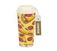 Ttgoth Tazza da caffè con pizze in stile cartone animato con coperchio a tenuta stagna, 500 ml, isolata, in acciaio inox, tazza da viaggio a doppia parete, per bevande calde e fredde
