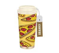 Ttgoth Tazza da caffè con pizze in stile cartone animato con coperchio a tenuta stagna, 500 ml, isolata, in acciaio inox, tazza da viaggio a doppia parete, per bevande calde e fredde