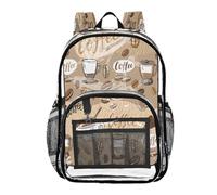 Ttgoth Zaino trasparente a tema caffè, resistente, approvato dallo stadio, con tasche multiple per scuola, sicurezza, lavoro e lavoro