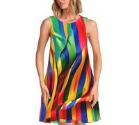 TTIGLHOH Abito casual da donna a righe color arcobaleno, senza maniche, lunghezza al ginocchio, abito estivo con tasche, Nero , S