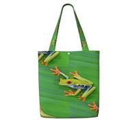 TTIGLHOH Borsa per la spesa in tela riutilizzabile con foglie di rana animale, borsa media con chiusura a scatto per uso quotidiano, lavoro, shopping