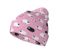 TTIGLHOH Cappello lavorato a maglia con pecore bianche su sfondo rosa, morbido berretto lavorato a maglia, caldo berretto unisex a righe alla moda per uomo donna