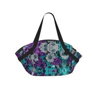 TTIGLHOH Coperta da spiaggia rotonda stampata con fiori viola e verde acqua si ripiega in borsa tote, resistente agli strappi tappetino da 94 cm, campeggio festival