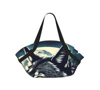 TTIGLHOH Coperta da spiaggia rotonda stampata con lupo e luna notturna, si ripiega in una borsa tote resistente agli strappi, tappetino da 94 cm, per campeggio e festival