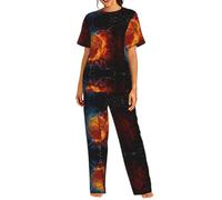 TTIGLHOH Set da notte da donna con stampa di fiamme e gocce d'acqua, 2 pezzi, a maniche corte, con scollo rotondo e pantaloni, morbido set pigiama, Nero , 3XL