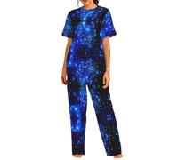 TTIGLHOH Set da notte da donna con stampa galassia e stelle, 2 pezzi, maglietta a maniche corte e pantaloni a girocollo, morbido set pigiama, Nero , 3XL