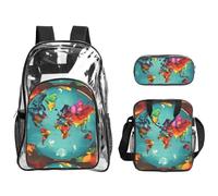 TTIGLHOH Set di 3 borse trasparenti con mappa del mondo stampata, per bambini, con borsa termica per il pranzo inclusa