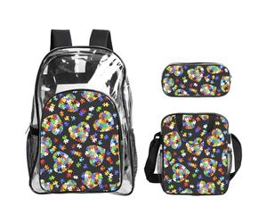 TTIGLHOH Set di 3 borse trasparenti per bambini con stampa a forma di cuore per la consapevolezza dell'autismo, borsa trasparente con borsa termica per il pranzo inclusa