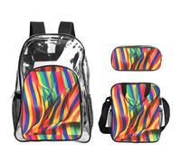 TTIGLHOH Set di 3 borse trasparenti per bambini, con stampa a righe color arcobaleno, borsa trasparente con borsa termica per il pranzo inclusa