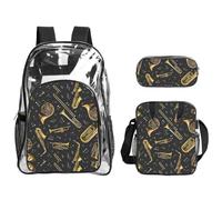TTIGLHOH Set di 3 borse trasparenti per bambini, con stampa di strumenti musicali, borsa trasparente con borsa termica per il pranzo inclusa