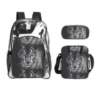 TTIGLHOH Set di 3 borse trasparenti per bambini, con stampa tigre bianca, borsa per libri trasparente con borsa termica per il pranzo inclusa