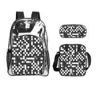 TTIGLHOH Set di 3 borse trasparenti per bambini, motivo a scacchi, con stampa a scacchi, colore nero e bianco, borsa trasparente con borsa termica per il pranzo inclusa