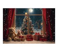 Ttincceer 1.5x1.2m Sfondo fotografico natalizio Scena notturna invernale innevata Albero di Natale di lusso Sfondo fotografico Tenda rossa Orso carino Ritratto di Capodanno Studio Prop