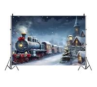 Ttincceer 1.8x1.2m Sfondo di Natale invernale con treno, scena notturna sulla neve, albero di Natale, vigilia di Capodanno, sfondo fotografico, festa in treno, foto di famiglia, banner