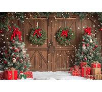Ttincceer 1.8x1.2m Sfondo natalizio con porta da fienile porta rustica in legno da fattoria sfondo fotografico con albero di Natale neve che cade striscioni decorativi per la festa di Capodanno