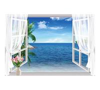 Ttincceer 150x120cm Mare Finestra Sfondo Francese Finestra Mare Scena Blu Cielo Bianco Nuvole Fotografia Sfondo Bianco Filato Tende Palma Sfondo Foto Studio Booth Prop