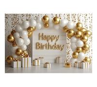Ttincceer 2.2x1.5m Sfondo di compleanno di lusso per fotografia Arco di palloncini in oro bianco Scatola per feste di compleanno Sfondo fotografico Bambini Ritratto di adulti Accessori per foto