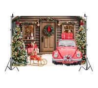 Ttincceer 2.7x1.8m Sfondo di Natale Prop Paese delle Nevi Casa di Legno Auto Rossa Sfondo Fotografico di Festa Albero di Natale di Lusso Scatola Regali Decorazione di Capodanno Banner