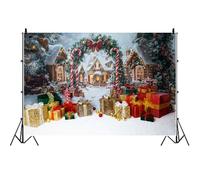 Ttincceer 2.7x1.8m Sfondo per feste di Natale Campo di neve Casa di legno Ramo di pino Arco Sfondo fotografico Polo Nord Paese delle meraviglie Festa di Capodanno Striscione decorativo