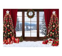 Ttincceer 3.5x2.5m Sfondo Natalizio Finestra Francese Invernale Scena Innevata Albero di Natale di Lusso Vigilia di Capodanno Sfondo Fotografico Foresta di Pini innevata Paesaggio Banner