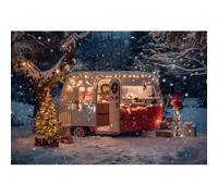 Ttincceer 3x2.5m Sfondo Natalizio Foresta innevata Autobus rosso Sfondo fotografico di Capodanno Neve pesante coperta Paese innevato Albero di Natale Decorazione per feste Banner