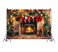 Ttincceer 3x2m Sfondo per camino natalizio per fotografia Muro di mattoni Calzini rossi Rami di pino Sfondo fotografico Vacanze invernali Capodanno Festa in famiglia Decorazione Banner