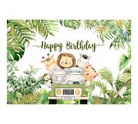 Ttincceer Felice Compleanno Sfondo 2.5x1.8m Giungla Animali Safari Palma Foglia Sfondo Cartone Animato Camion Leone Elefante Ippopotamo Fotografia Sfondo Baby Shower Festa di Compleanno Banner