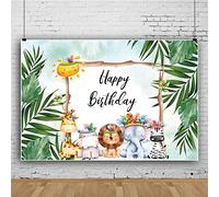 Ttincceer Sfondo Felice Compleanno 2.2x1.5m Tempi Primitivi Giungla Animali Fotografia Sfondo Piante Tropicali Verde Palma Foglie Fotografia Sfondo Baby Shower Decor Banner