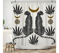 Ttincceer Tenda da doccia astratta della metà del secolo con motivo leopardato nero, 180 x 180 cm, set tenda da bagno con foglie di palma astratte, tenda da bagno impermeabile con gancio