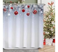 Ttincceer Tenda da doccia Merry Christmas 183x213cm Palla di Natale rossa e bianca Tende da bagno scintillanti con ganci Grigio chiaro Ombre Capodanno Impermeabile Vasca da bagno decorativa