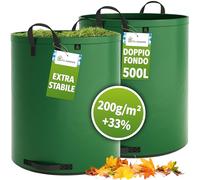 TTL Garden 2 sacchi da giardino Super Solid, da 500 l, colore verde, doppio fondo, 2 x 200 g/m², extra stabili e antistrappo, 4 manici, grandi e robusti, set da 2 sacchi per foglie, siepe, rifiuti da