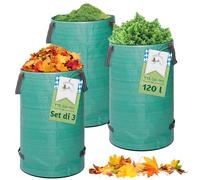 TTL GARDEN 3 sacchi da giardino da 120 l, autoportanti, 4 manici, 150 g/m², extra stabile, robusto e pieghevole, set da 3 pezzi, 120 litri, sacco per foglie, siepe, rifiuti da giardino, taglio verde