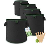 TTL GARDEN 5 sacchetti per piante da 22 l, in tessuto non tessuto, set da 5 pezzi, 20 l + 10% = 22 litri, in feltro da 300 g/m² e tessuto non tessuto, per balcone, terrazza, serra e giardino