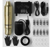 TTOOGO Kit per macchine da tatuaggio rotativo completo - kit di penne da tatuaggio con penna per tatuaggi, alimentazione, pedale, 10 cartucce, accessori per l'ombreggiatura del rivestimento,D'oro