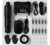 TTOOGO Kit per macchine da tatuaggio rotativo completo - kit di penne da tatuaggio con penna per tatuaggi, alimentazione, pedale, 10 cartucce, accessori per l'ombreggiatura del rivestimento,Nero