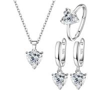 TTPSRY 3 Pezzi di Gioielli Combinazioni Collana Orecchini Anello Parure in Argento con Strass Cuore Pendente Regalo per Donna Moglie (Bianco)