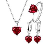 TTPSRY 3 Pezzi di Gioielli Combinazioni Collana Orecchini Anello Parure in Argento con Strass Cuore Pendente Regalo per Donna Moglie (Rosso)
