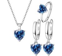 TTPSRY 3 Pezzi di Gioielli Combinazioni Collana Orecchini Anello Parure in Argento con Strass Cuore Pendente Regalo per Donna Moglie (Blu)
